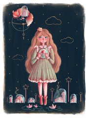 A whimsical illustration of a girl with long hair holding a flower, wearing a green dress and red boots, standing in front of tombstones under a dark, starry sky.