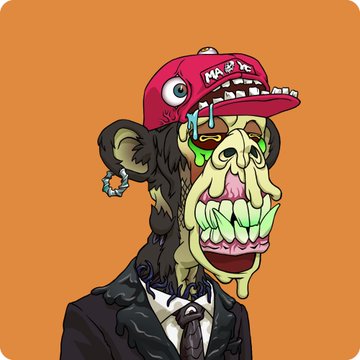 A digital NFT-style illustration portrays a cartoon monkey in a suit wearing a red 'MAFIA' cap with one eyeball visible, set against an orange background.