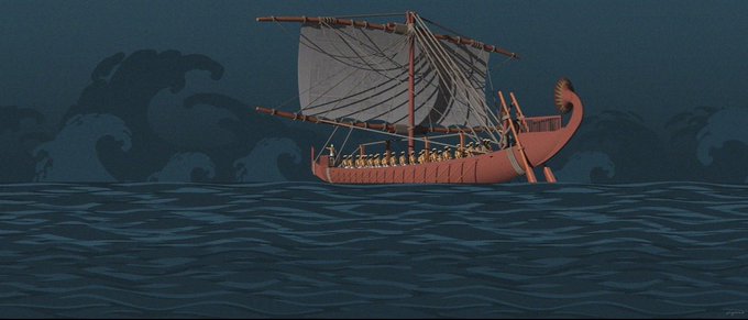 An illustration of an ancient wooden sailing ship with rowers navigating through dark, choppy waters under a night sky.