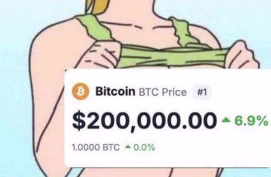 The image features a cartoon depiction of a woman with blonde hair wearing a green shirt, holding up a sign that displays the price of Bitcoin as $200,000. The text "BTC Price #1" is also present on the sign. This image seems to be related to a post about Bitcoin or cryptocurrency, possibly discussing its current value and market trends.