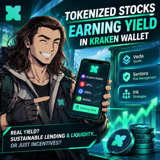 An anime-style promotional graphic for 'TOKENIZED STOCKS EARNING YIELD IN KRAKEN WALLET' featuring a smiling character pointing at a phone displaying various tokens (SPYx, QQQx, NVDx) and features like Veda Vaults, Sentora Risk Management, and Ink Strategies, with text reading 'REAL YIELD? SUSTAINABLE LENDING & LIQUIDITY... OR JUST INCENTIVES?'