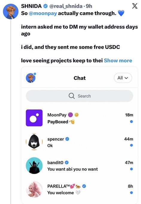 A screenshot of a tweet from user SHNIDA (@real_shnida) about @moonpay, stating the intern asked for a wallet address and sent free USDC, along with a screenshot of a chat list showing messages from MoonPay, spencer, bandito, and PARELLATM.