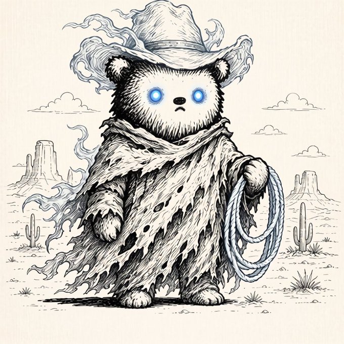 An ink-style illustration of a ghostly bear with glowing blue eyes wearing a tattered cowboy hat and poncho, holding a lasso in a desert landscape with cacti and mesas.