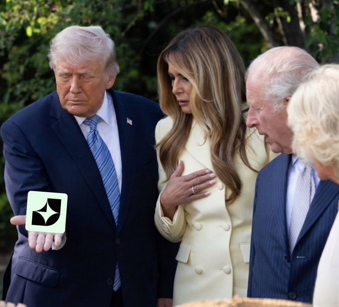 Donald Trump in a suit stands with Melania Trump (in a cream coat) and an older man, while Trump holds up a green card with a glowing symbol.