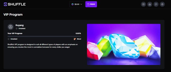 A screenshot of the Shuffle.com VIP Program page showing user 'Kuysang' at Unranked status with 0.00% progress.
