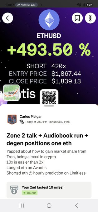 A mobile app screenshot showing a successful ETHUSD short trade with a 420x leverage and a +493.50% gain, alongside a post by 'Carlos Melgar' about crypto and running.