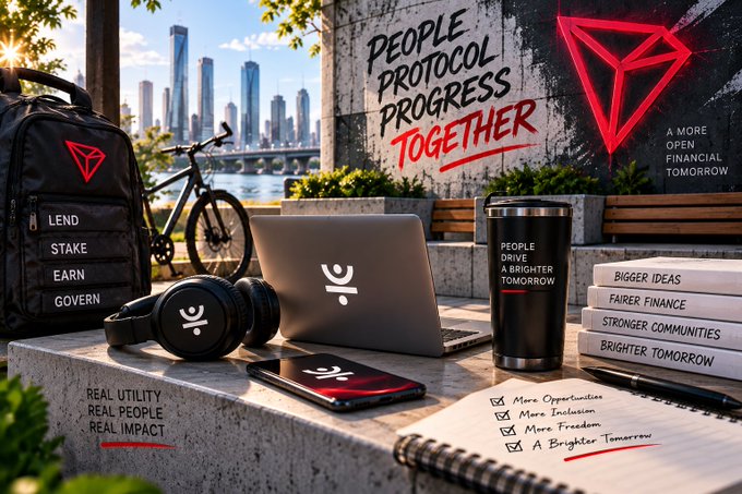 A promotional collage for a cryptocurrency or DeFi project with the text 'PEOPLE PROTOCOL PROGRESS TOGETHER', displaying items like a backpack, laptop, tumbler, and headphones alongside slogans like 'LEND, STAKE, EARN, GOVERN'.