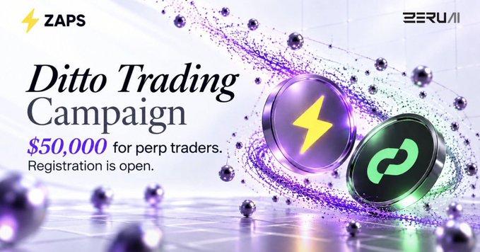 An advertisement banner for a "Ditto Trading Campaign" offering $50,000 for perpetual traders, featuring ZAPS and ZERU AI branding with purple and green tokens.