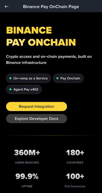 A screenshot of the 'Binance Pay OnChain Page' displaying crypto payment services and statistics including '360M+ USERS REACHED' and '180+ COUNTRIES'.