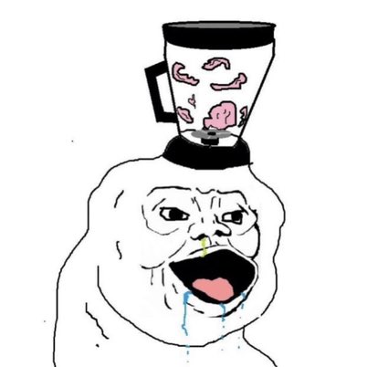 A crude cartoon shows a grotesque creature with a gaping mouth and drool, topped with a blender containing pink brains instead of a normal head. The image reinforces the post by depicting someone "thinking" using a blender to mash up brains, suggesting that critical thinking is being destroyed or homogenized rather than thoughtfully applied.