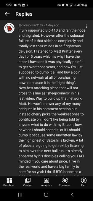 A screenshot of a YouTube reply from @coreyoliver3182 discussing Bip-110, Matt Kratter, and Bitcoin, expressing distrust in 'sheepcoiners' and concerns about 'FIAT minded' people.