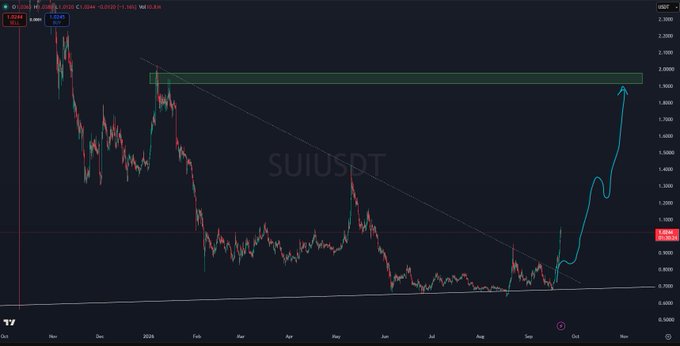 A TradingView chart of SUI/USDT shows the asset breaking out after months of consolidation, with a projected cyan arrow indicating an anticipated rapid move from $1.00 to the $2.00 resistance zone marked by a green horizontal band, aligning with the post's prediction of a swift squeeze higher.