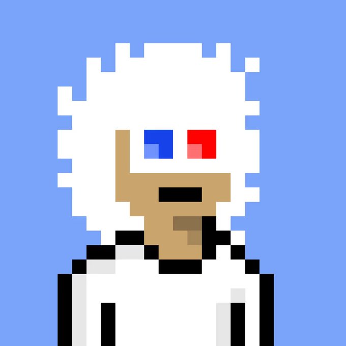 A pixel art portrait of a person with white hair and heterochromatic red and blue eyes against a blue background.