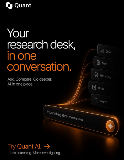 A promotional advertisement for 'Quant' AI research desk with the tagline 'Your research desk, in one conversation,' featuring interface elements for Charts, News, Market Data, Notes, and Search.
