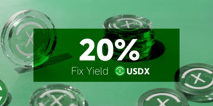 A promotional graphic featuring stacked green USDP cryptocurrency coins with text reading '20% Fix Yield USDX' in white letters on a dark green banner.