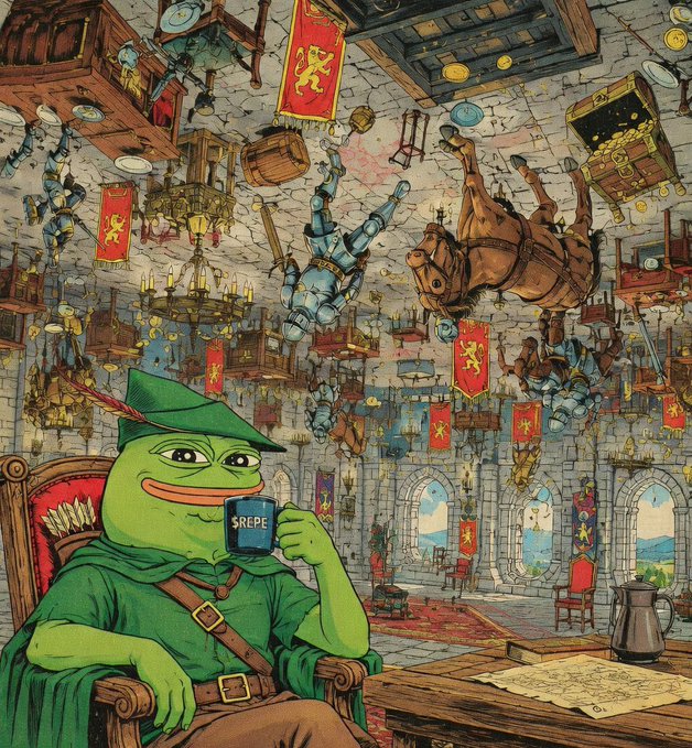 A smug green Pepe dressed as Robin Hood sits comfortably holding a mug labeled "$REPE," while the medieval room around him is turned upside down with knights and horses hanging from the ceiling—visually mirroring the post's "comfy in the hood" sentiment and the meme's prediction that $REPE will turn the market upside down once it breaks 1M.