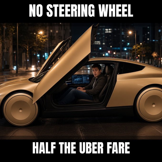 A meme featuring a futuristic autonomous car without a steering wheel, with a man sitting inside, captioned 'NO STEERING WHEEL HALF THE UBER FARE'.