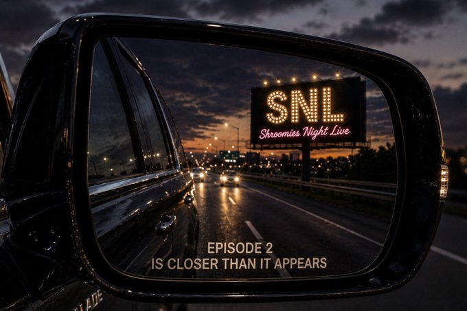 A car's side mirror reflects a highway at dusk with a billboard reading "SNL Skroomies Night Live" in illuminated lights, accompanied by the text "EPISODE 2 IS CLOSER THAN IT APPEARS." The image cleverly plays on the classic warning "objects in mirror are closer than they appear" to hint that the next SNL (Skroomies Night Live) event for the XRPL community is approaching fast and no account should miss out.