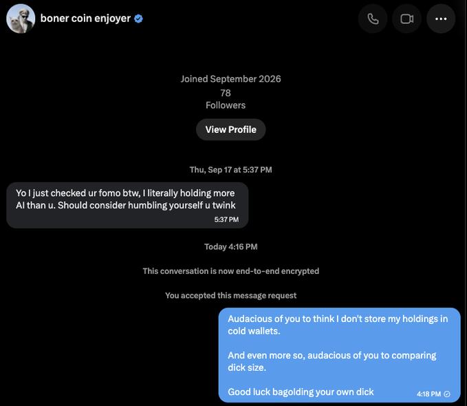A screenshot of a Twitter DM conversation between two users, where one flexes about their holdings and the other replies with a double entendre mocking their bravado while keeping their own crypto ("fomo btw" / "store my holdings in cold wallets" / "bagolding your own dick" at 4:18 PM).