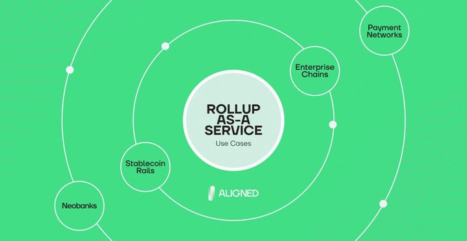 The image portrays a concept map for "ROLLUP AS-A-SERVICE" on a bright green backdrop, emphasizing its application across diverse sectors like Neobanks, Stablecoin Rails, Enterprise Chains, and Payment Networks, all interconnected under the principle of 'Use Cases'.