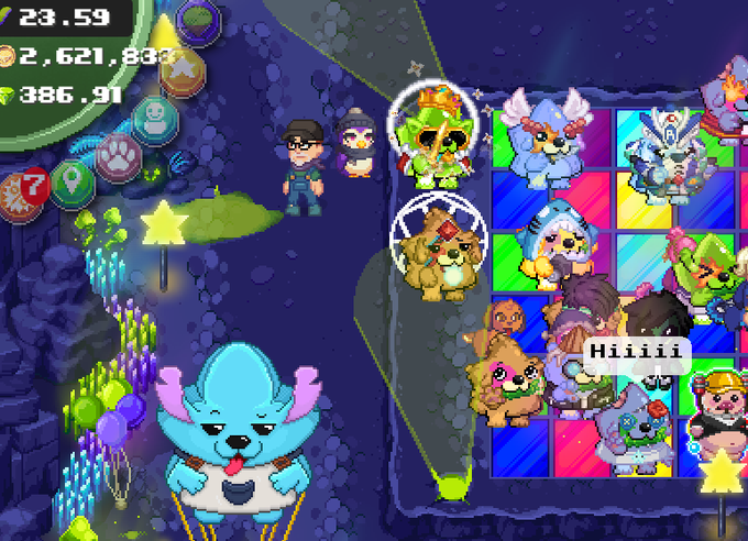 A gameplay screenshot showing a timer at '23.59', scores of '2,621,833' and '386.91', various cartoon character icons, and a chat message 'Hiiiiii' on the right side.