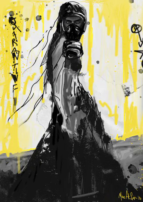 A stylized black and white sketch of a hooded figure wearing a gas mask, set against a bright yellow background with dripping paint effects and the text 'QUARANTINE' on the left side.