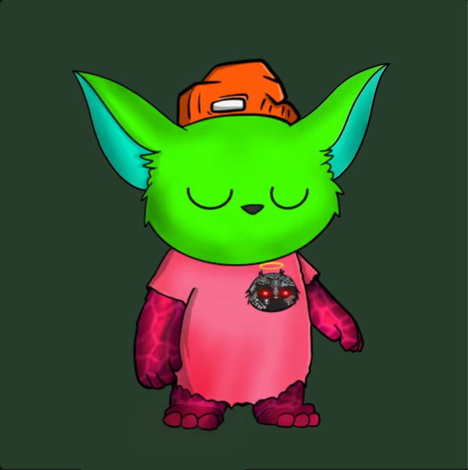 A digital illustration of a green cartoon fox-like character wearing an orange backwards cap and an oversized pink t-shirt with a dark emblem, featuring dark purple crackled arms and feet against a dark green background.