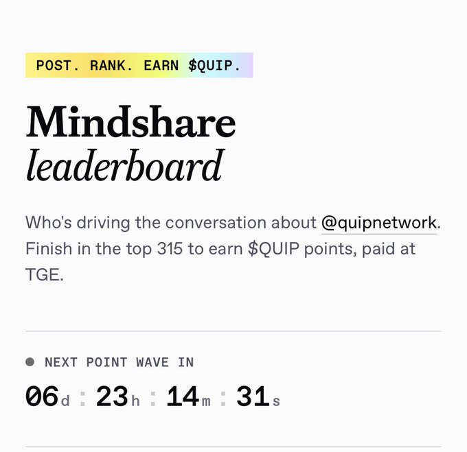 A 'Mindshare leaderboard' page for @quipnetwork, displaying 'POST. RANK. EARN $QUIP.' and a countdown timer showing 6 days, 23 hours, 14 minutes, and 31 seconds until the next point wave.