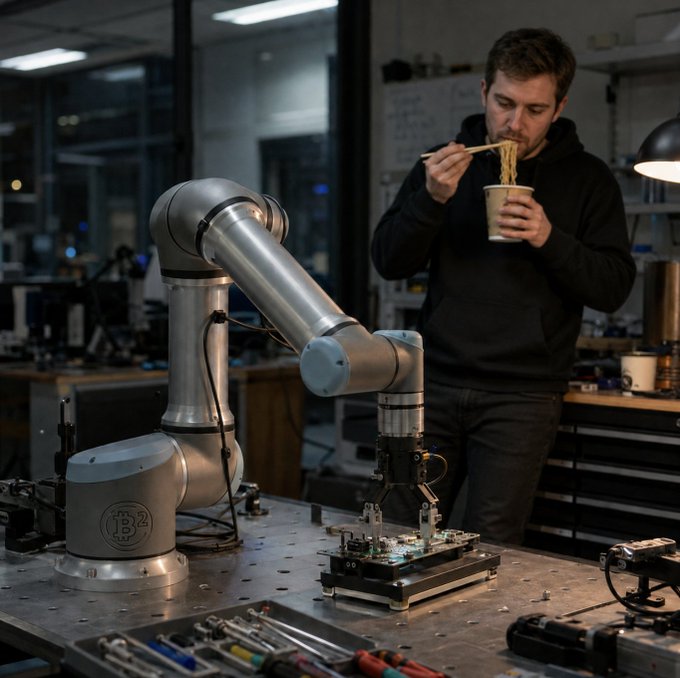 A man eats noodles from a paper cup while standing next to a silver "IB4" robotic arm working on electronics in a lab. The caption cleverly highlights that while the robot can handle technical tasks, it still can't yet feed its human operator.