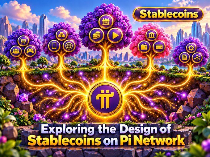Fantasy-style graphic titled 'Exploring the Design of Stablecoins on Pi Network' featuring the Pi logo surrounded by glowing trees and icons representing various financial services.