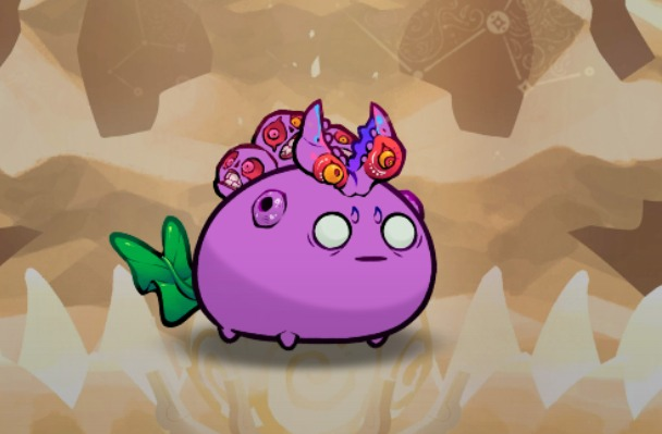 A round, purple cartoon character with green leafy feet and pink, flower-like growths on its head stands against a tan, patterned background.