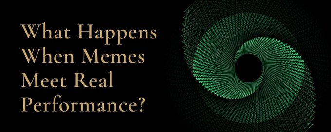 A dark banner displays the gold serif text "What Happens When Memes Meet Real Performance?" alongside a green geometric spiral pattern. The image ties to the post's theme about on-chain strategies needing visibility and cultural recognition to gain traction beyond niche crypto circles.
