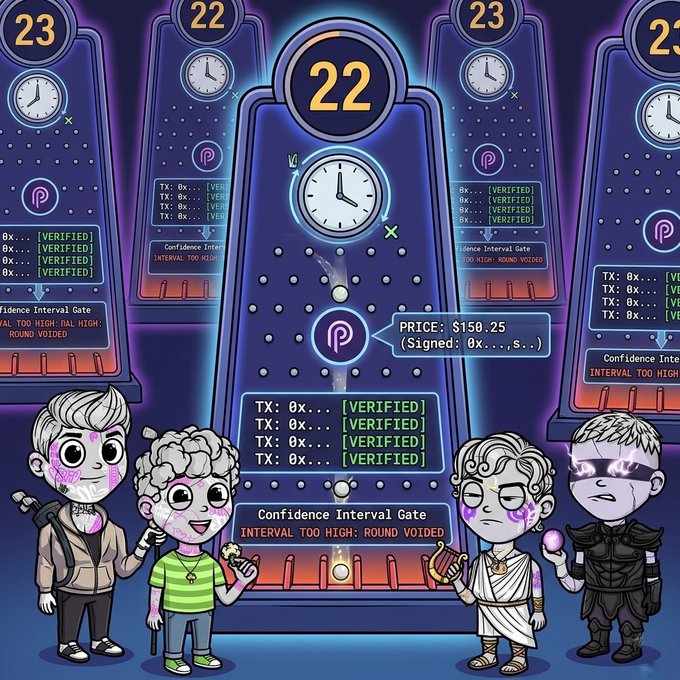 A digital illustration shows four cartoon characters standing in front of pinball-machine-like interfaces displaying numbers like "22" and "23," with text indicating "PRICE: $150.25" and "Confidence Interval Gate: INTERVAL TOO HIGH: ROUND VOIDED."