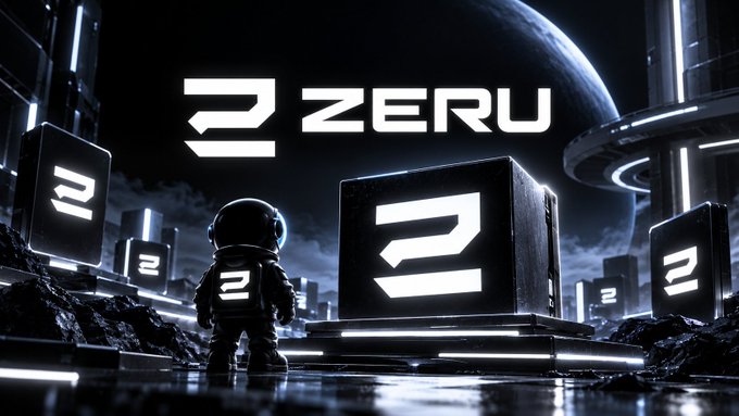 A futuristic sci-fi scene featuring an astronaut standing before large glowing blocks marked with the number '2' and the text 'ZERU' against a space backdrop.