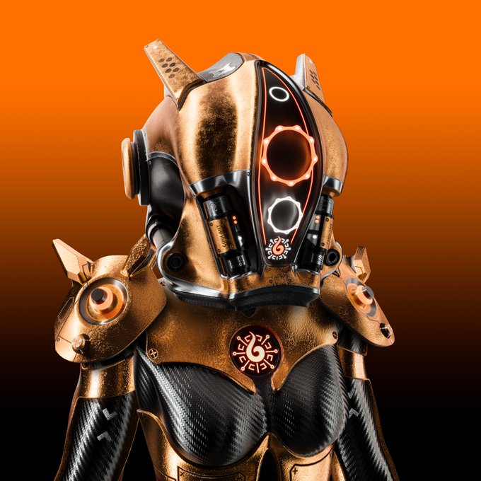 A 1/1 gold-and-black robotic figure with illuminated orange circular accents and a chest emblem stands against an orange background, serving as a promotional teaser for the GEN02 NFT collection set to launch on Robinhood Chain L2's OpenSea marketplace.