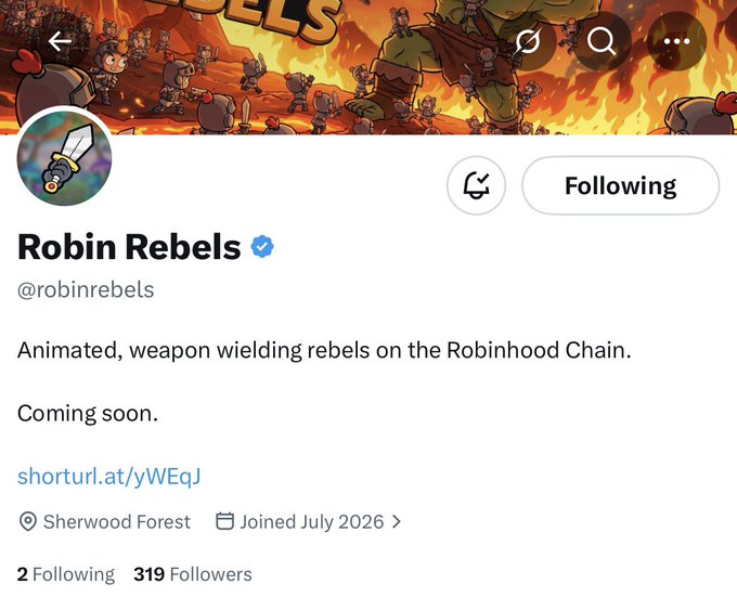 A Twitter profile for "Robin Rebels" (@robinrebels), a verified account with 319 followers and 2 following, featuring the bio "Animated, weapon wielding rebels on the Robinhood Chain. Coming soon." The profile banner and avatar showcase cartoon-style warriors wielding swords amid fiery, battle-like scenery, visually tying into the post's early alpha announcement for the project.