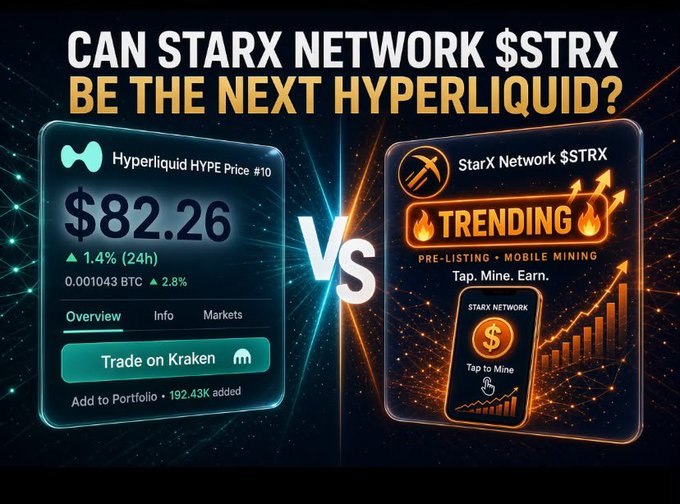 A graphic comparison juxtaposing Hyperliquid ($HYPE) trading at $82.26 on Kraken against StarX Network ($STRX), labeled as "Trending" and featuring a "Tap to Mine" mobile mining feature, highlighting $STRX's smaller 90M supply versus $HYPE's 222.4M circulating supply as a potential catalyst for upside.