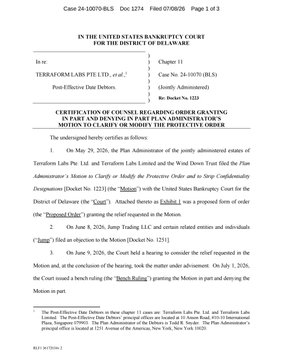This document from the U.S. Bankruptcy Court for the District of Delaware, Case No. 24-10070, details a ruling on a Plan Administrator's motion related to Terraform Labs. The caption relates to the post by referencing specific court filings and dates, implying that these legal proceedings are crucial steps towards the "rebirth" of #LunaClassic.