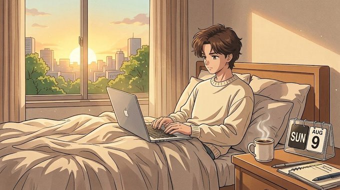 An anime-style illustration of a young man with brown hair sitting in bed using a MacBook laptop, with a sunrise city view through the window, a coffee mug, and a calendar showing 'SUN AUG 9' on the nightstand.