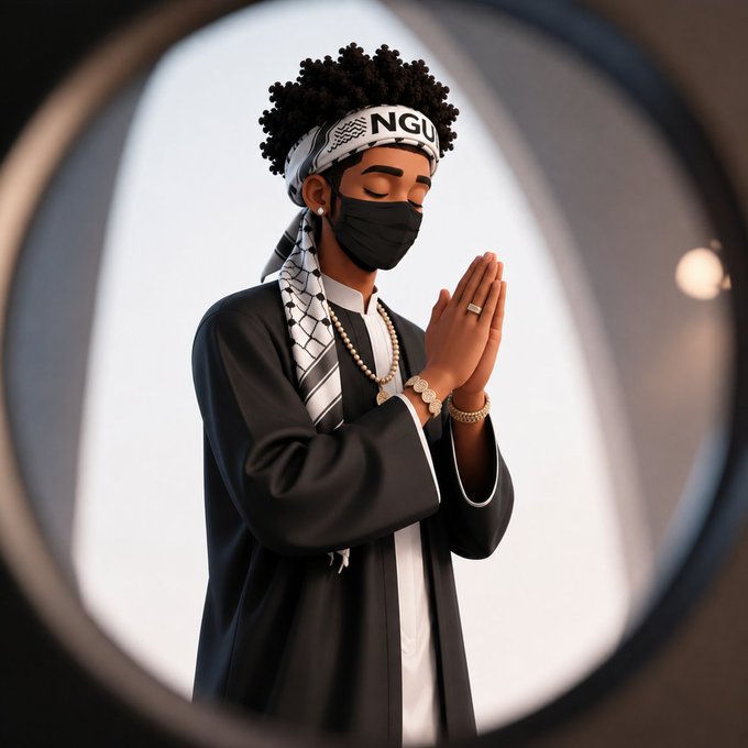 A 3D-style illustration of a person in a black robe and keffiyeh-style headwrap praying with hands clasped, viewed through a circular frame.