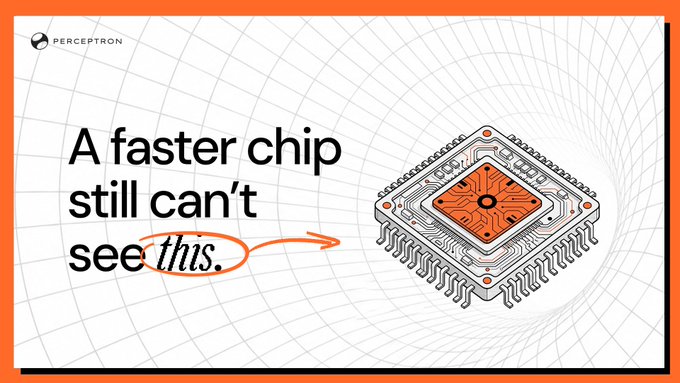 The image is a Perceptron-branded graphic featuring the text "A faster chip still can't see *this*" alongside an illustration of a microchip, visually reinforcing the post's argument that hardware performance gains—like OpenAI's new chip surpassing Nvidia on efficiency—don't address the underlying training data limitations that Perceptron's technology targets.