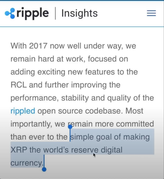 A screenshot from Ripple Insights shows a highlighted excerpt stating, "we remain more committed than ever to the simple goal of making XRP the world's reserve digital currency," reinforcing the post's defense of Ripple and XRP by showcasing the company's documented commitment to its mission.