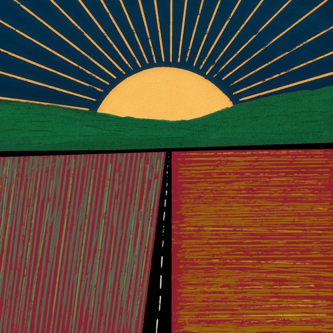 A stylized linocut or block print artwork depicting a rising sun with golden rays over green hills, with a textured red and orange field below.