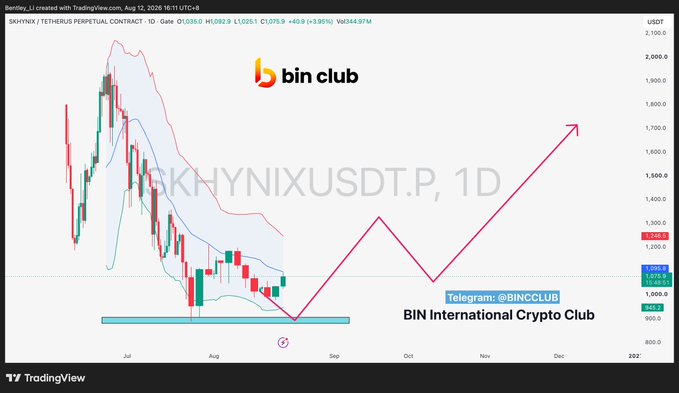 A TradingView candlestick chart of SKHYNIXUSDT.P on the 1D timeframe, showing price around $1,265, with a "bin club" logo and pink arrow annotations predicting a price rise, branded "BIN International Crypto Club" via Telegram.