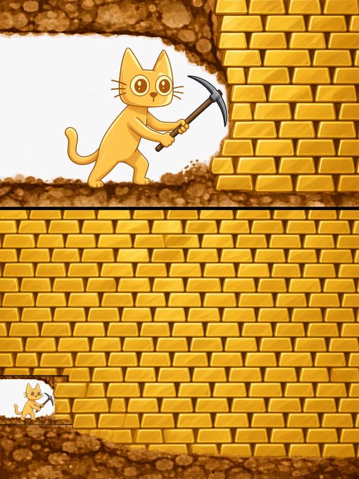 A 2D platformer game scene features an orange cat holding a pickaxe, mining through a dirt layer to break gold blocks.