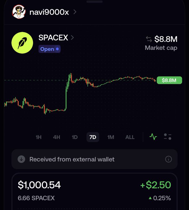 A Robinhood-style trading app screen showing the SpaceX ($SPACEX) token with a 7-day chart, an $8.8M market cap, and a holding of $1,000.54 (+$2.50) under the username "navi9000x".