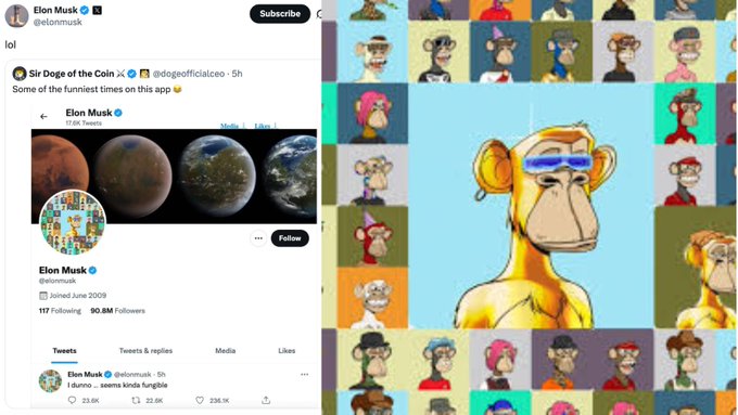 A split-screen image shows Elon Musk's Twitter profile, where his profile picture has been changed to a collage of Bored Ape Yacht Club NFTs, displayed alongside a Bored Ape character wearing sunglasses with glowing blue laser eyes. The accompanying post highlights Musk's mockery of the moment he set his PFP to a BAYC collage, tying the image directly to his humorous acknowledgment of that specific NFT-related event.
