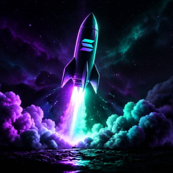 A digital illustration of a silver rocket launching into a starry night sky, emitting bright purple and teal flames through billowing clouds.
