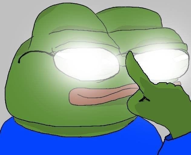The image shows the classic "Pepe with glowing glasses" meme (a green frog-like character wearing bright, illuminated glasses and raising a finger to his glasses), which symbolizes epic intelligence, foresight, or financial genius—commonly used in trading and crypto contexts to mock others who missed a profitable opportunity.

The meme perfectly fits the post's taunting message about making money versus "coping," visually representing the smug, superior stance of someone who timed the market right and is now rubbing their gains in everyone else's face.