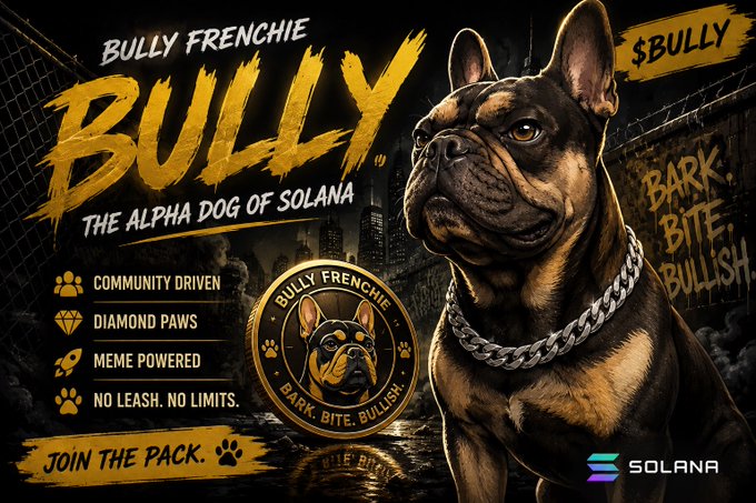 A promotional banner for the 'Bully Frenchie' ($BULLY) meme coin on the Solana blockchain, featuring a muscular French Bulldog and text 'THE ALPHA DOG OF SOLANA' and 'Bark. Bite. Bullish.'